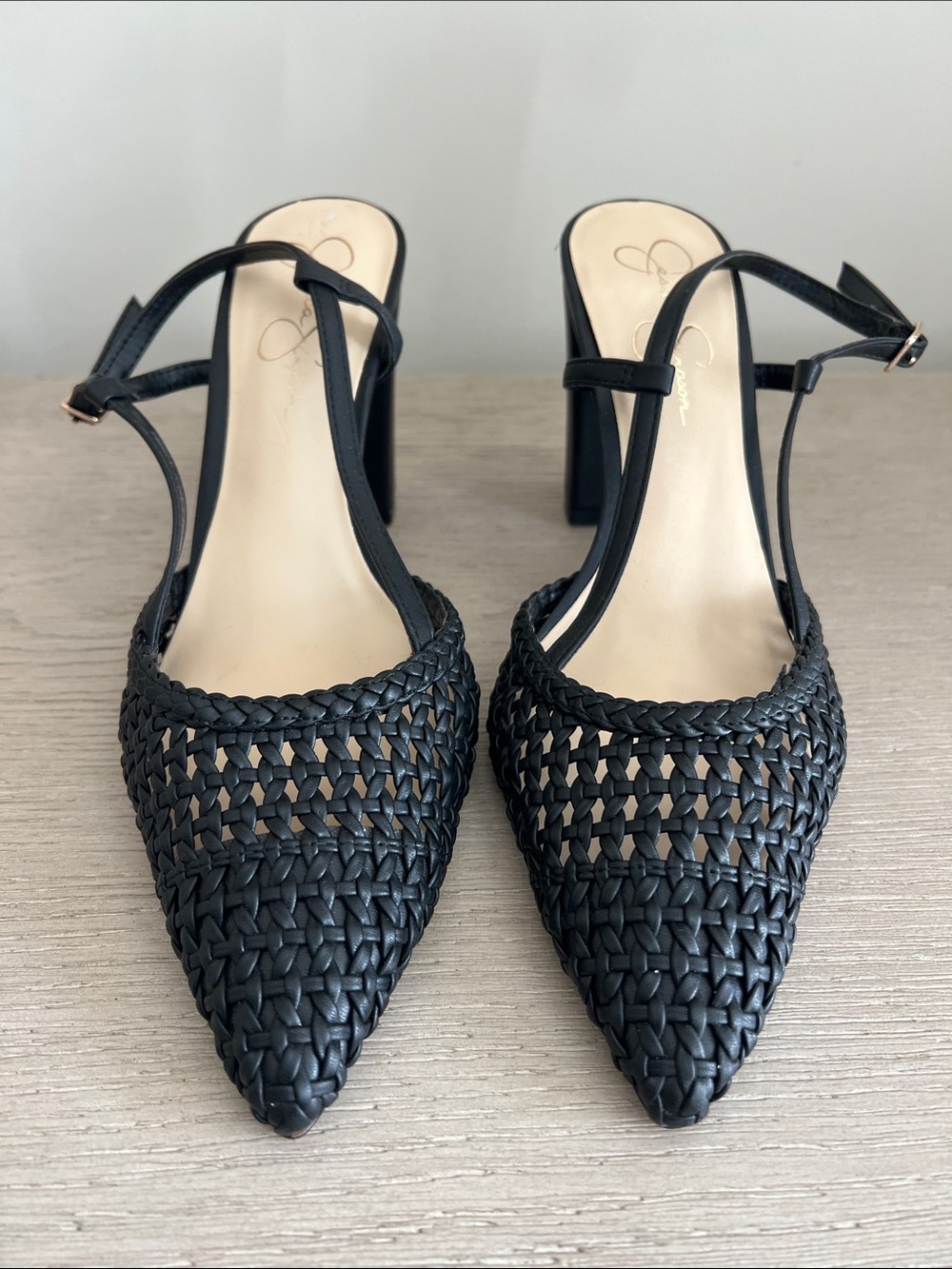 Women’s Jessica Simpson Nyara Black Woven Pointed Slingback Heels size 10